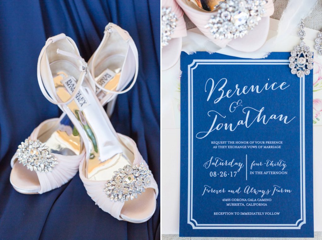 brides shoes and wedding invitations Forever and always Farm Johnathan and Bernice Temecula wedding photographer Carrie McGuire Photography