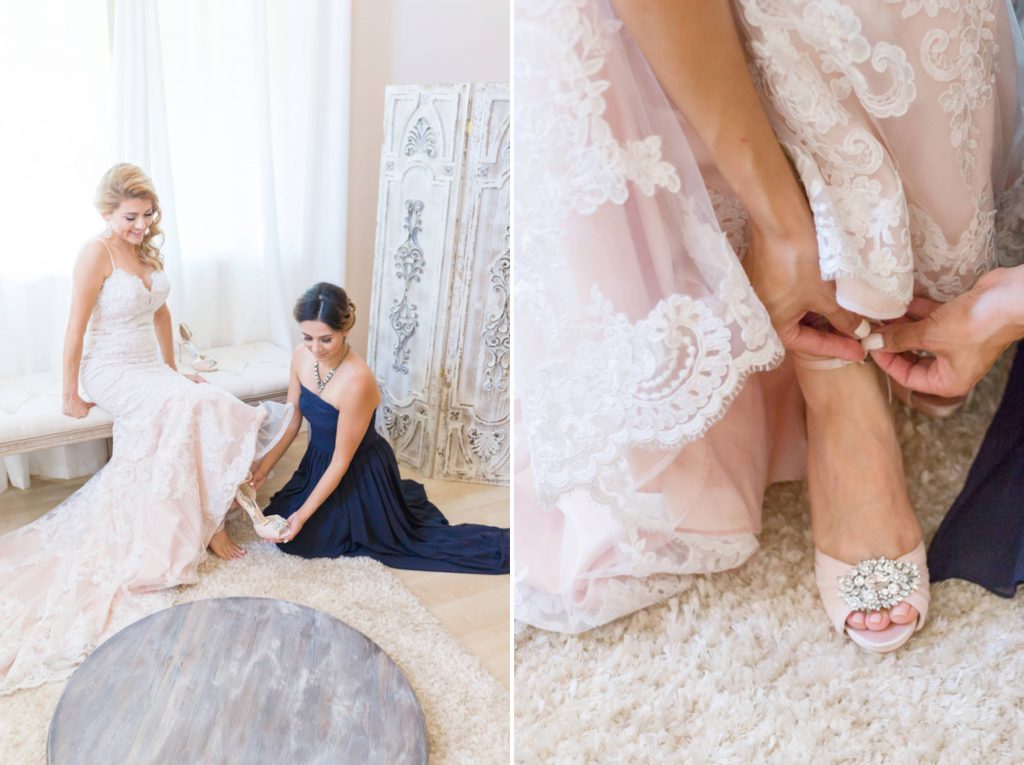 maid of honor helping bride with her shoes Forever and always Farm Johnathan and Bernice Temecula wedding photographer Carrie McGuire Photography