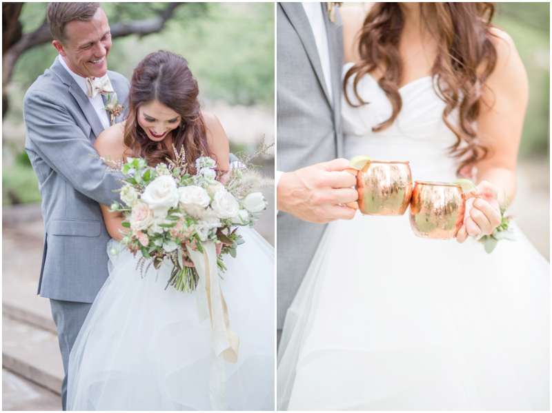 Carrie McGuire photography Temecula photographer Bride and groom laughing and hugging with Moscow mules Tucson Arizona Wedding photographers