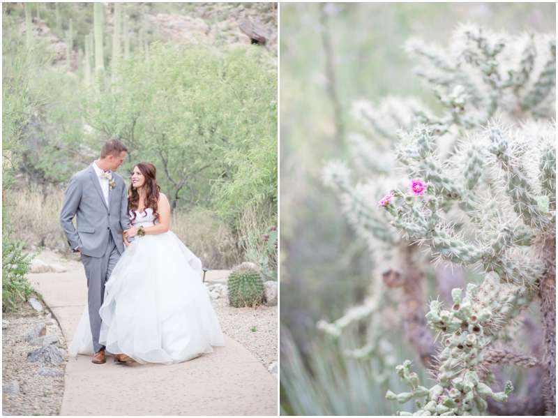 Carrie McGuire photography Temecula photographer Groom and bride walking down dessert path with cactus Tucson Arizona Wedding photographers