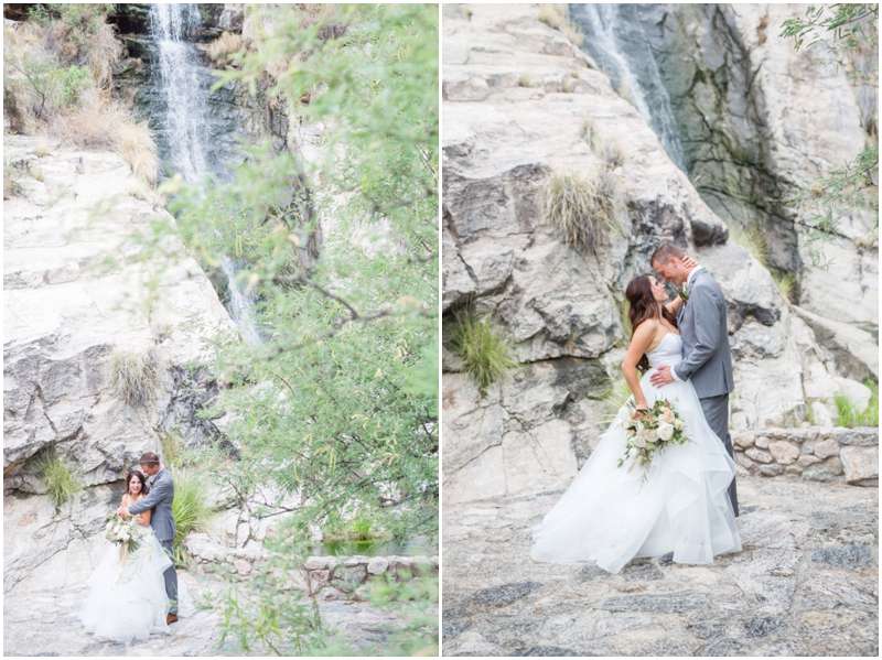 Carrie McGuire photography Temecula photographer Groom and bride hugging by rock waterfall Tucson Arizona Wedding photographers