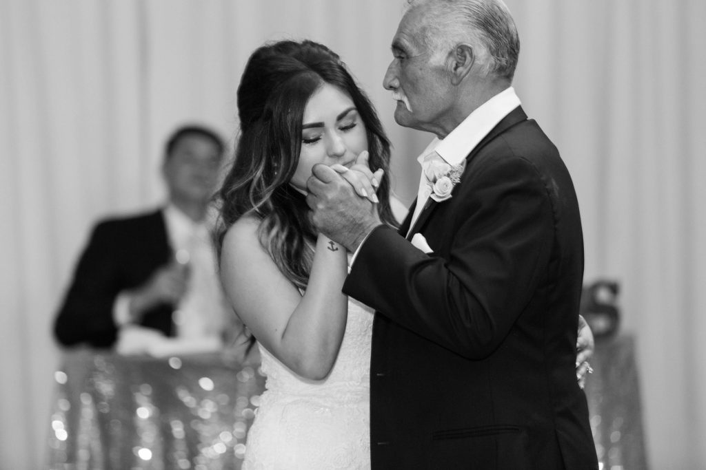 black and white photo of bride and father of the bride dancing Lakehouse San Marcos Carrie McGuire Photography Temecula Wedding Photography