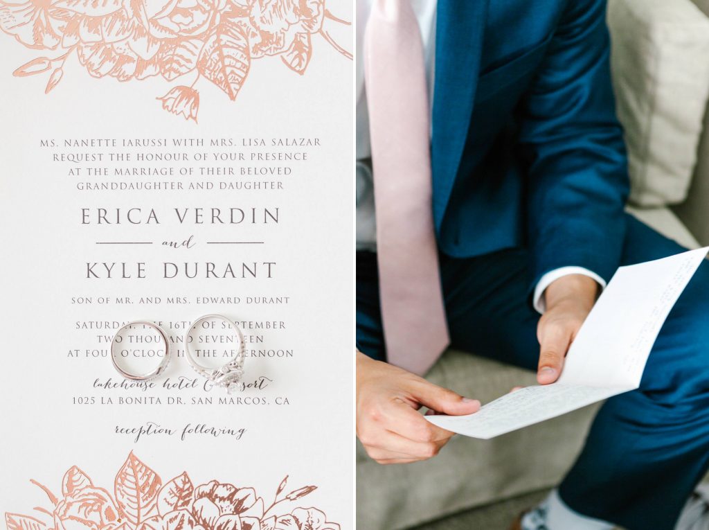 wedding invitations and groom reading card Lakehouse San Marcos Carrie McGuire Photography Temecula Wedding Photography