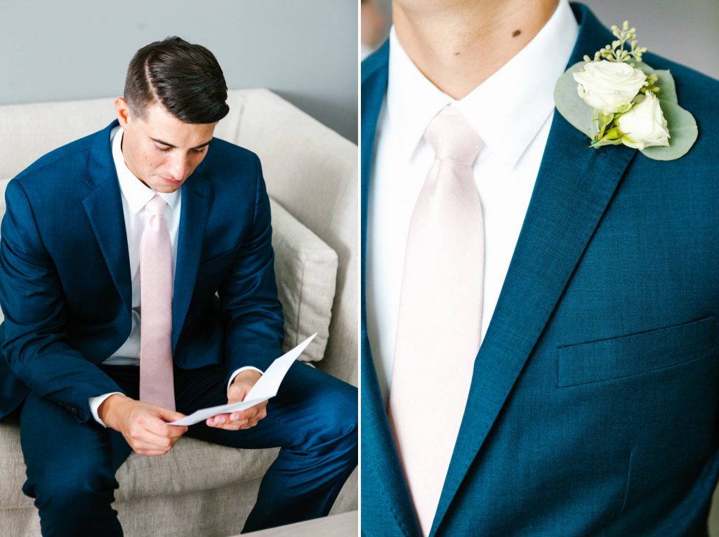 groom reading note and suit details Lakehouse San Marcos Carrie McGuire Photography Temecula Wedding Photography