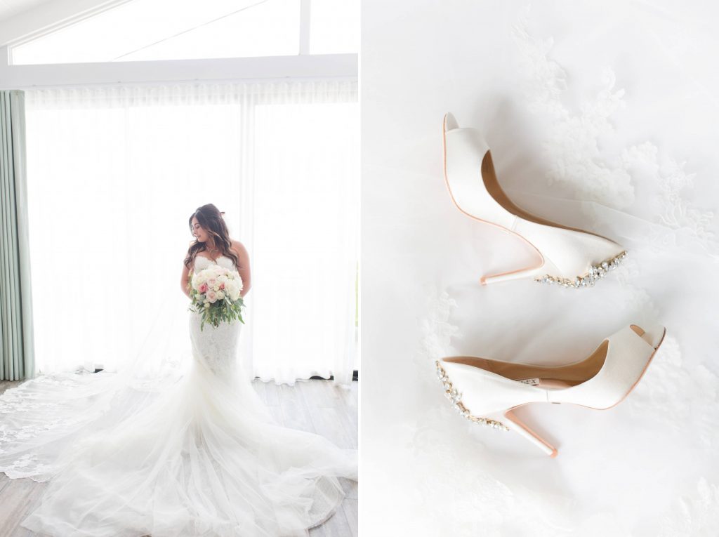 bride in wedding gown and wedding shoes Lakehouse San Marcos Carrie McGuire Photography Temecula Wedding Photography