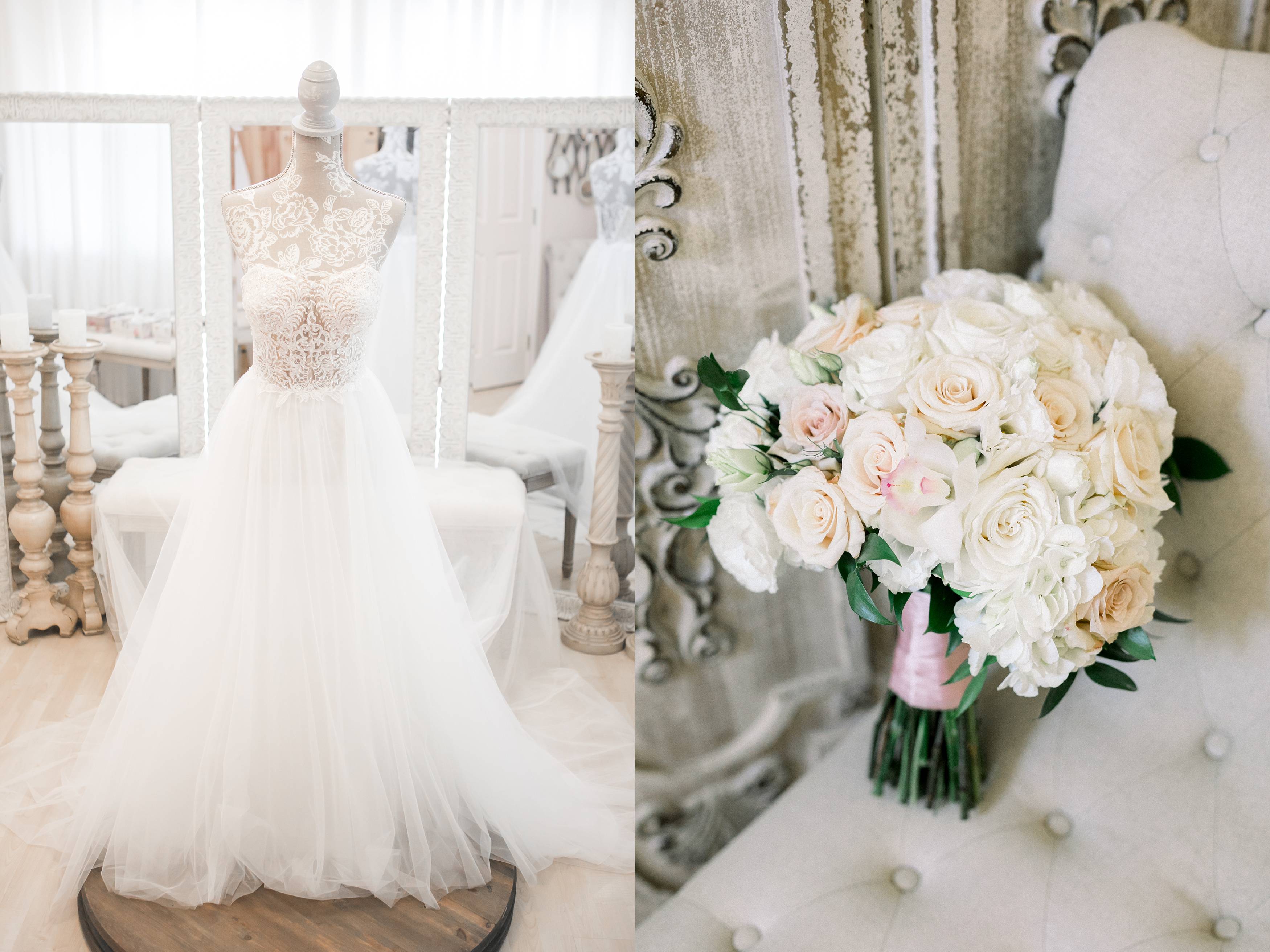 Bridal gown with lace and tulle with white and blush bridal bouquet 