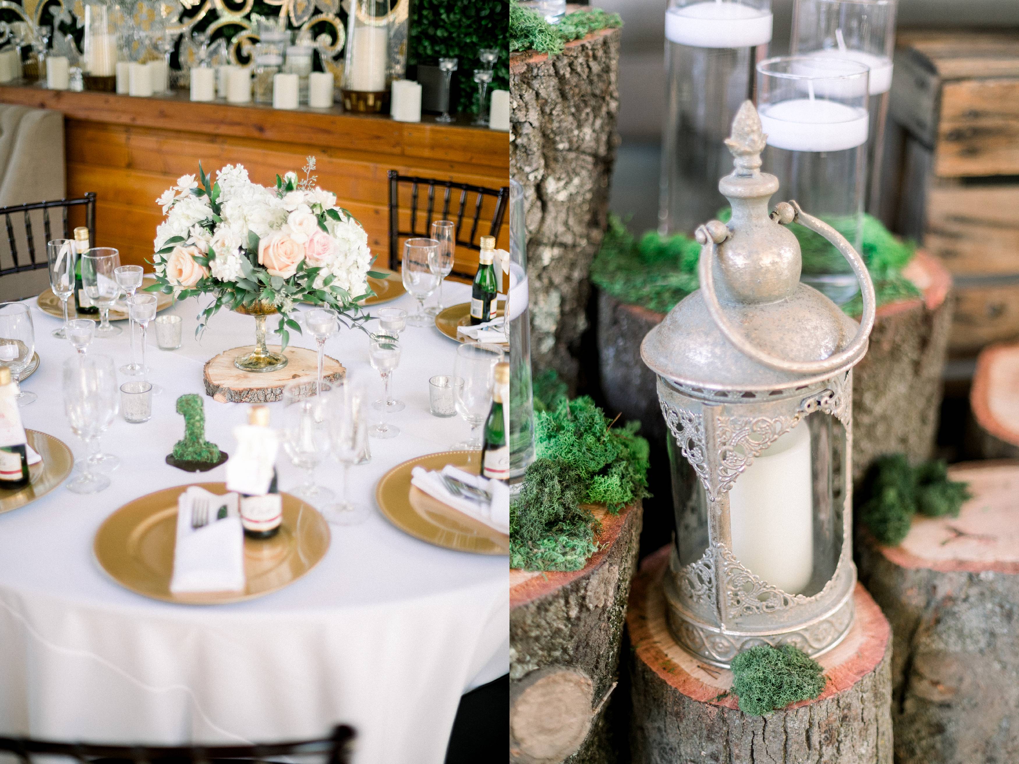 Moss wedding details with lanterns and candles for wedding reception