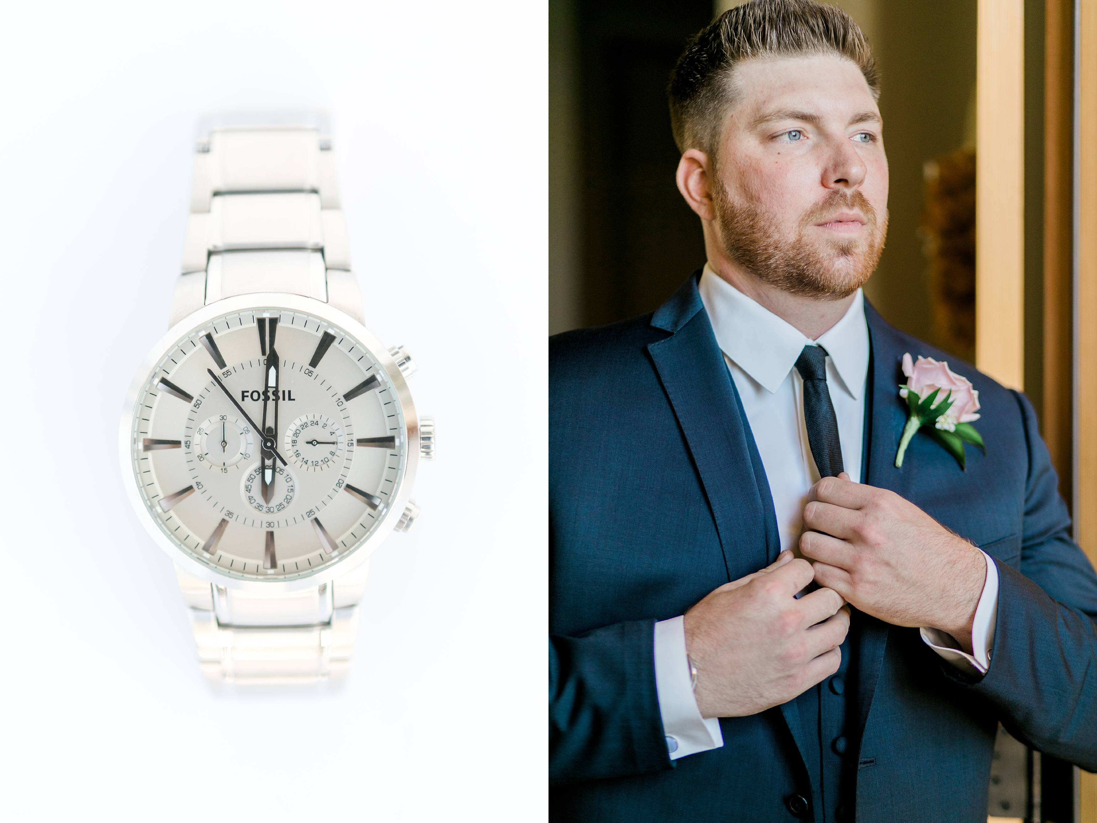 Groom wedding details with white fossil watch and blue suit