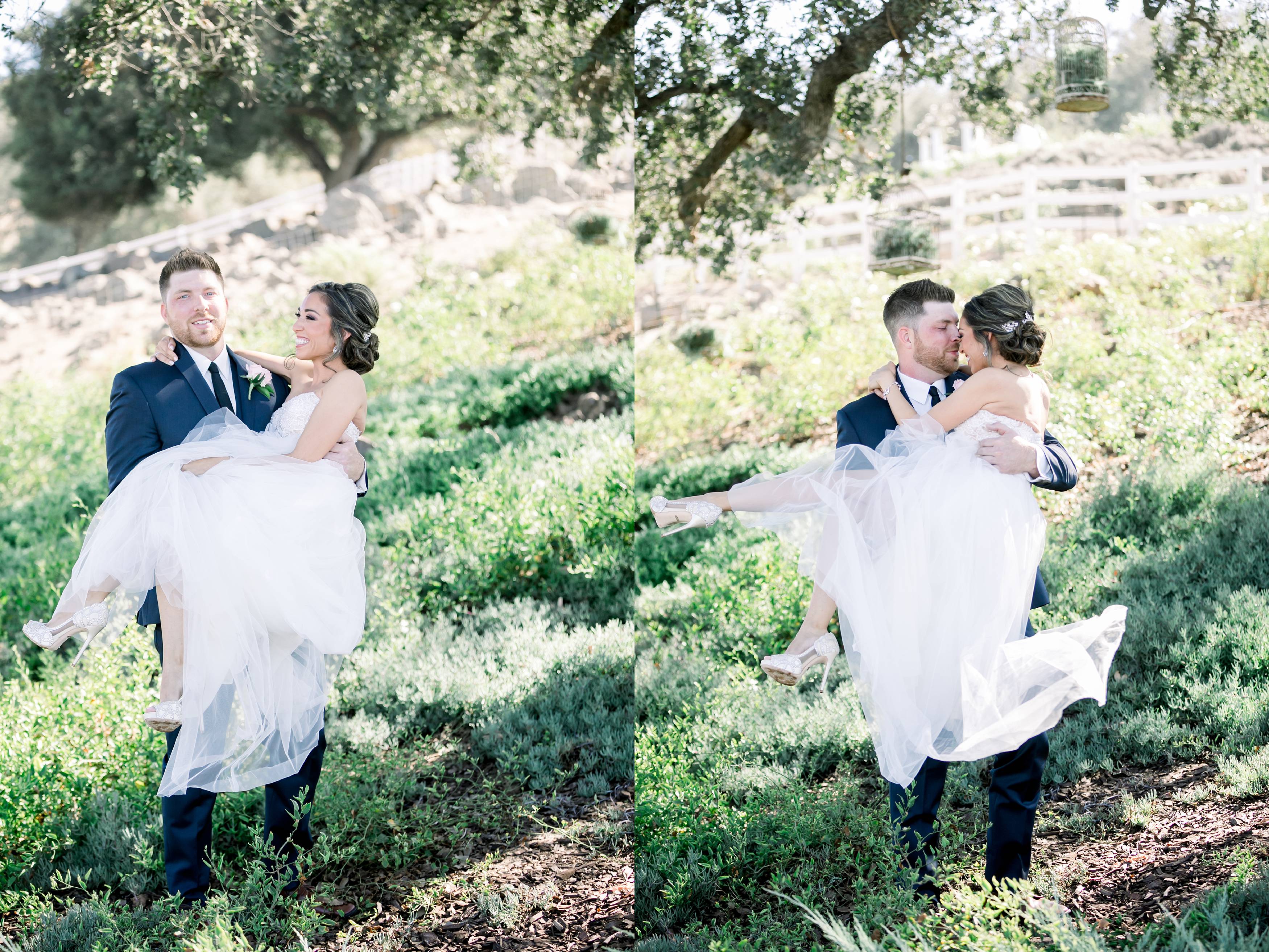 Bride picks up groom in wedding photos at Forever and Always Farm wedding venue in Temecula California