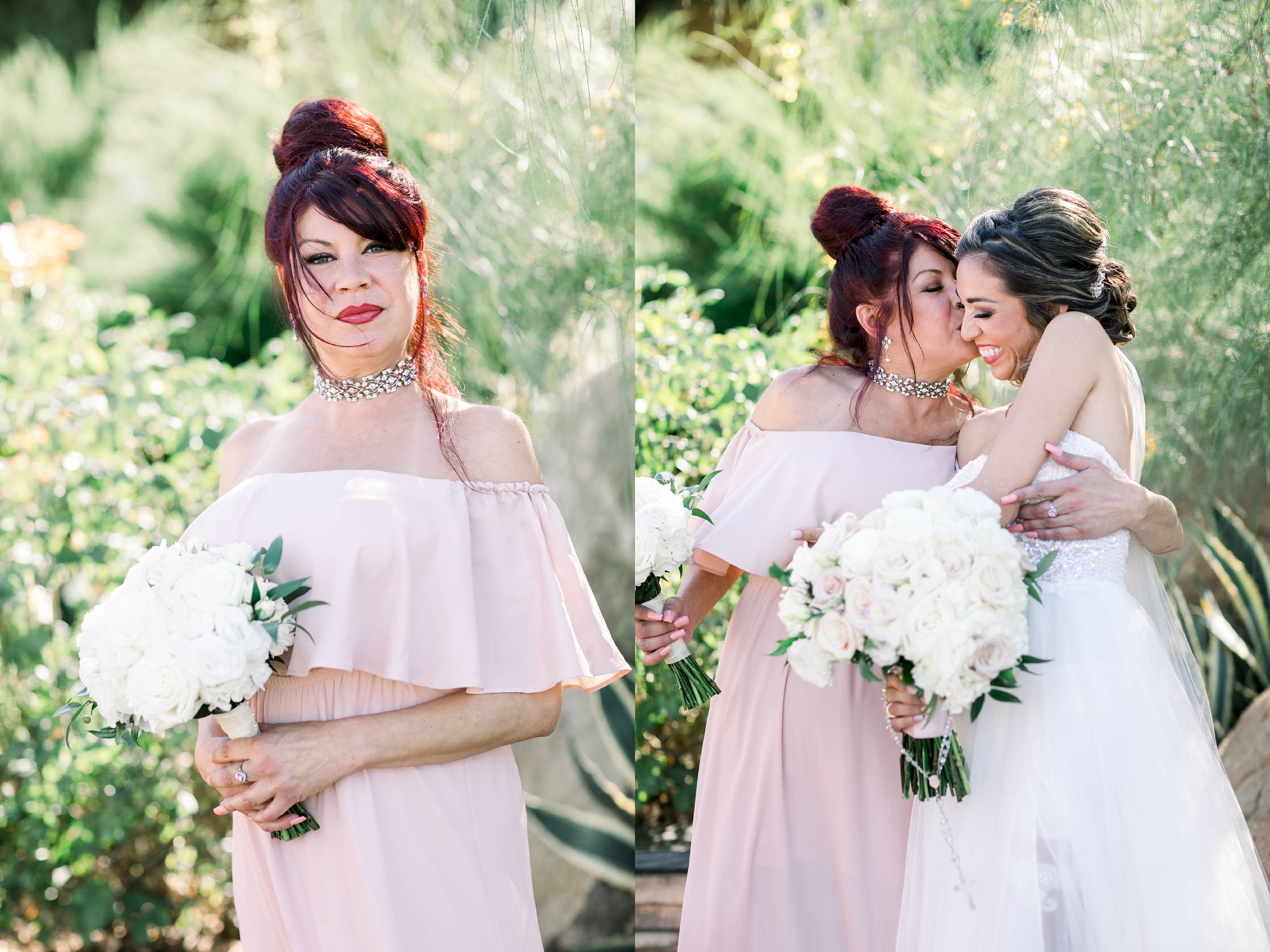 Bridesmaid in blush dress and white bouquet 