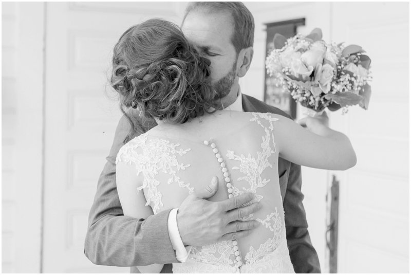 black and white father daughter first look bride hugging Green Gables Estate weddings Carrie Mcguire photography Temecula San Diego wedding photographer Temecula winery photographer wedding Temecula wedding photographer Carrie Mcguire photography romantic San Diego garden estate