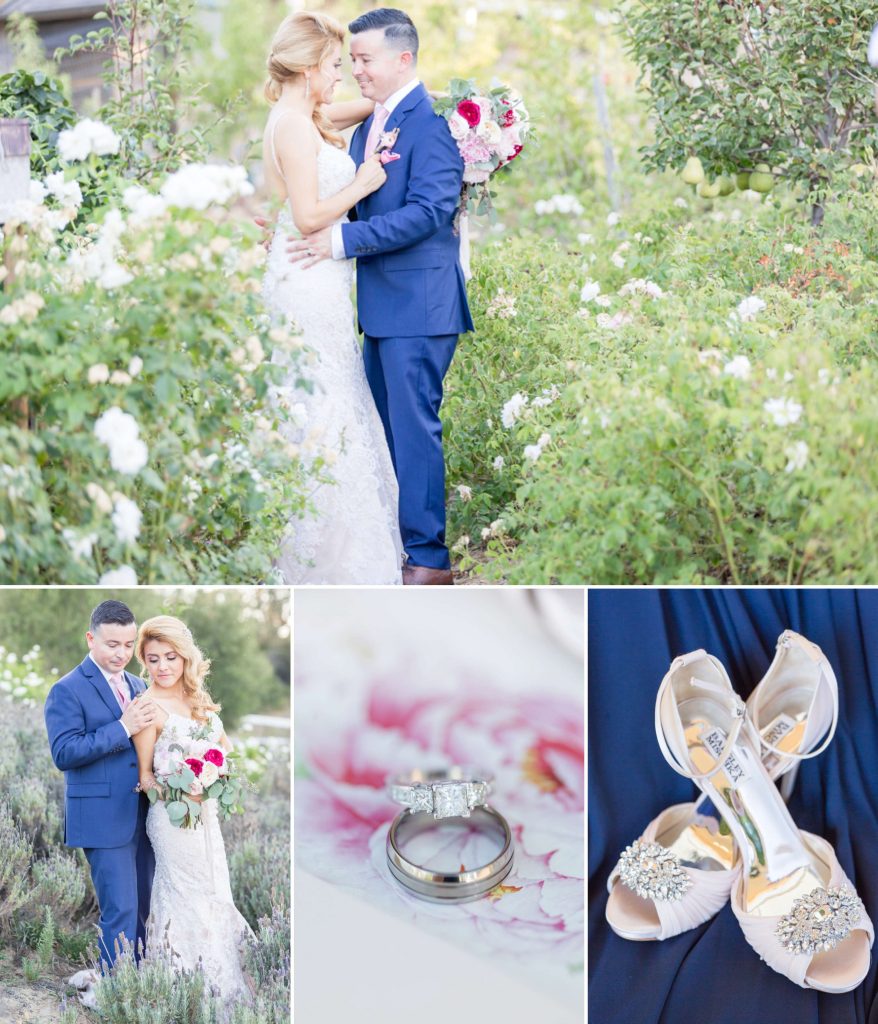 bride and groom in garden rings shoes Forever and always Farm Johnathan and Bernice Temecula wedding photographer Carrie McGuire Photography