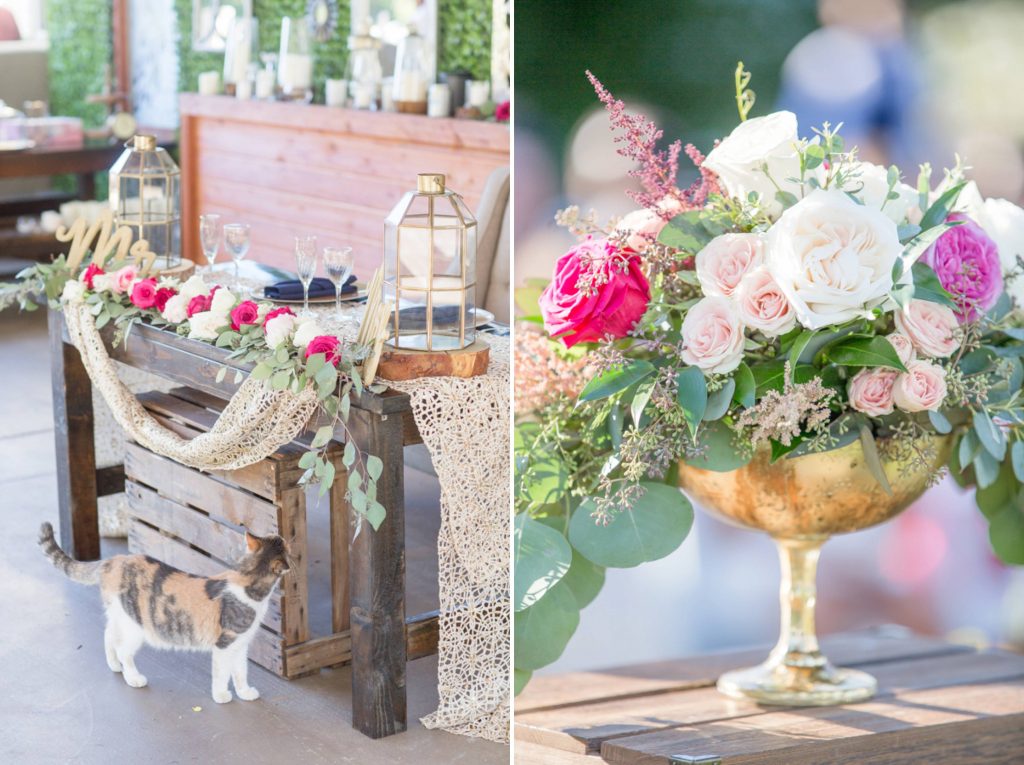 floral center piece and table Forever and always Farm Johnathan and Bernice Temecula wedding photographer Carrie McGuire Photography