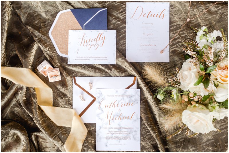 Carrie McGuire photography Temecula photographer Tucson Arizona Wedding invitations on gold fabric with bouquet photographers