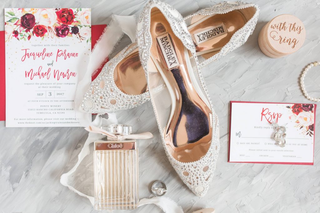 wedding shoes and invitations on style board Carrie McGuire Photography Temecula Wedding Photography Ponte Inn and Winery