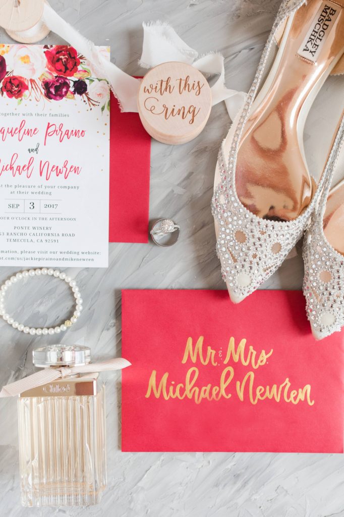 bride shoes with invitations Carrie McGuire Photography Temecula Wedding Photography Ponte Inn and Winery