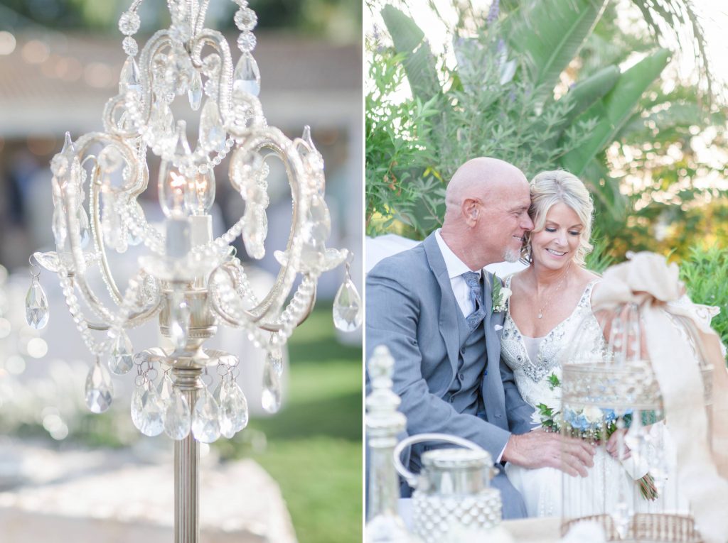 center piece crystal details and bride and groom Meadowview backyard wedding Carrie McGuire Temecula wedding Photography 