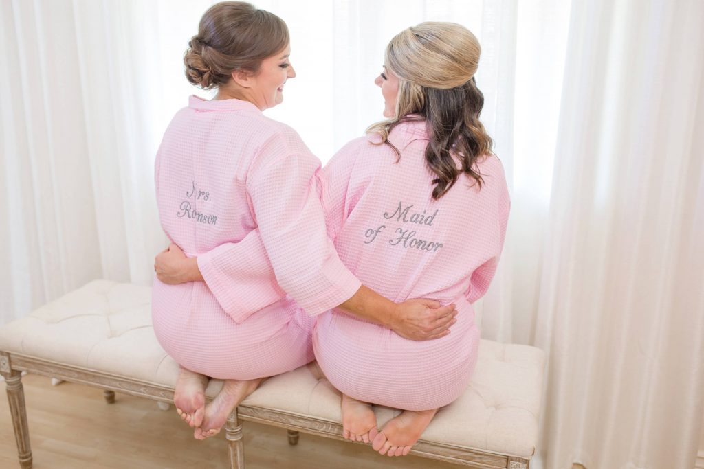 bride and maid of honor in matching robes forever and always farm temecula wedding engagement photography Carrie McGuire photographer california