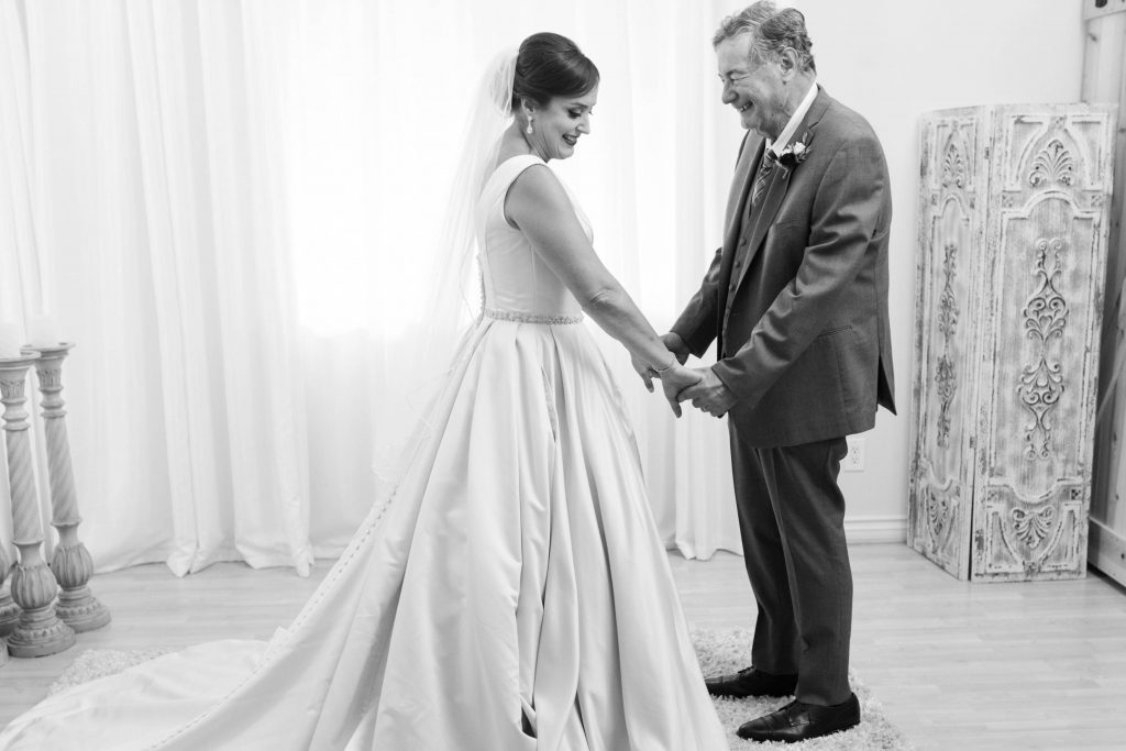black and white photo of bride and father of the bride before ceremony forever and always farm temecula wedding engagement photography Carrie McGuire photographer california