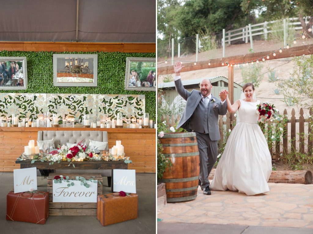 bride and groom arrive at wedding reception forever and always farm temecula wedding engagement photography Carrie McGuire photographer california