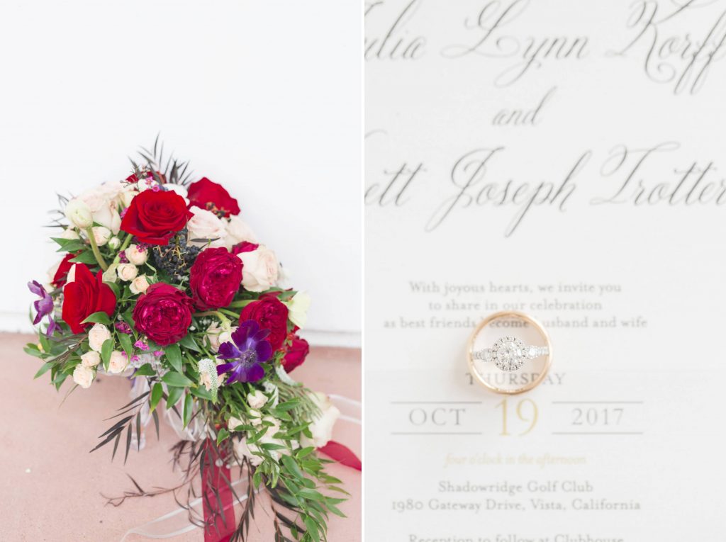 ceremony bouquet and wedding rings on invitations Shadow Ridge Golf Club Temecula California wedding engagement maternity photography Carrie McGuire photographer California 