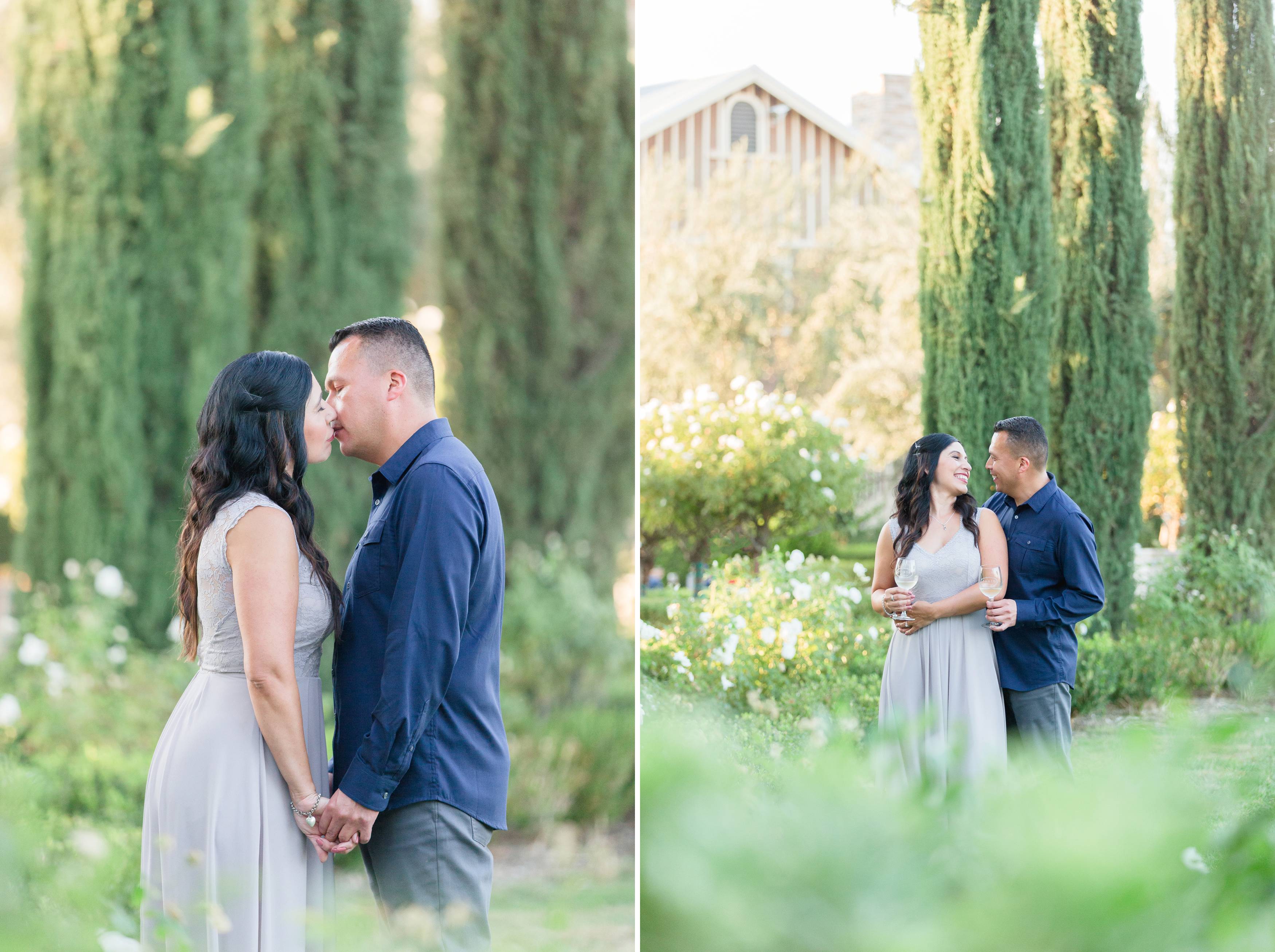 beautiful couple kissing in garden Ponte Winery Temecula California wedding engagement maternity photography Carrie McGuire photographer California