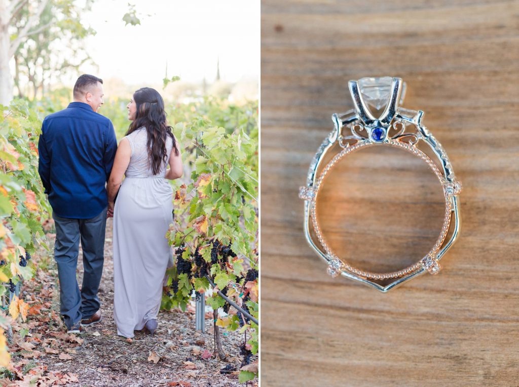 couple walking through vineyards and engagement ring Ponte Winery Temecula California wedding engagement maternity photography Carrie McGuire photographer California