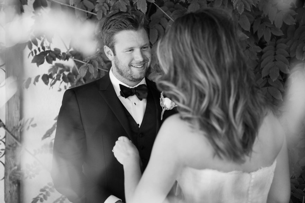 black and white photograph bride and groom first look forever and always farm temecula wedding engagement photography Carrie McGuire photographer california