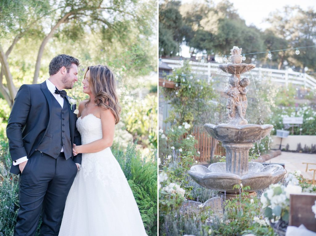 bride and groom with fountain forever and always farm temecula wedding engagement photography Carrie McGuire photographer california
