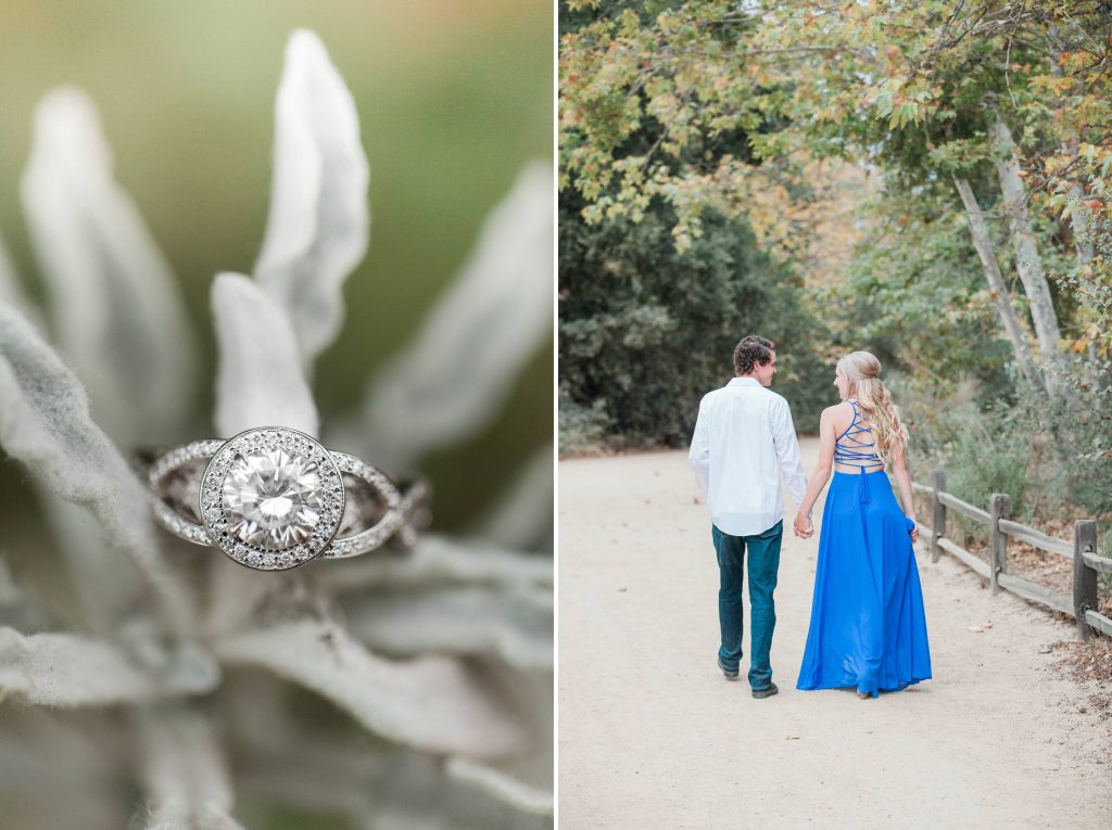 gorgeous ring and couple walking Thomas f Riley wilderness park Orange County California wedding engagement photography Carrie McGuire photographer California