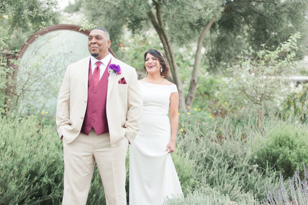 bride and groom first look in garden Forever and always farm Temecula California wedding engagement family maternity photography Carrie McGuire photographer