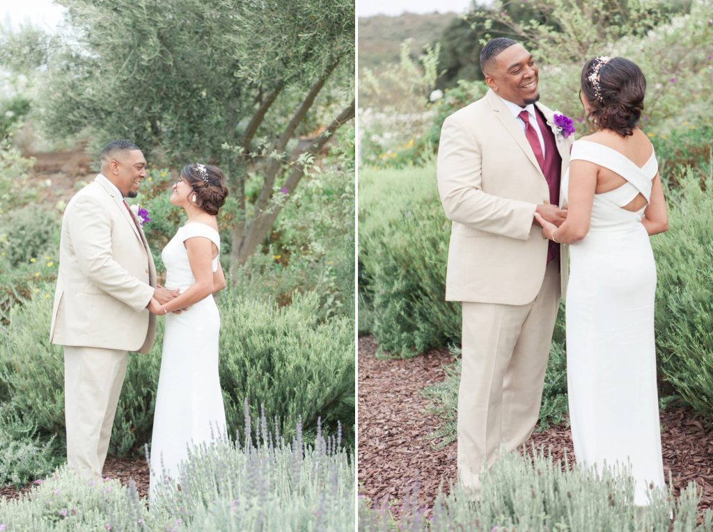 bride and groom first look in garden holding hands Forever and always farm Temecula California wedding engagement family maternity photography Carrie McGuire photographer