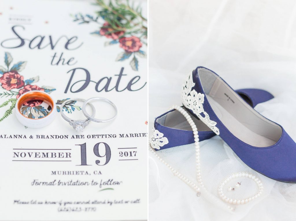 wedding invitation and wedding rings and brides shoes Forever and always farm Temecula California wedding engagement family maternity photography Carrie McGuire photographer