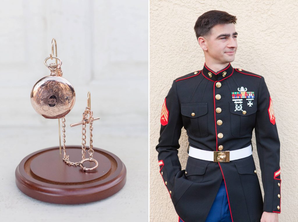 handsome marine groom and pocket watch Forever and always farm Temecula California wedding engagement family maternity photography Carrie McGuire photographer