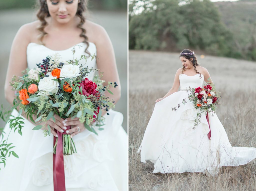 bride in a field holding bouquet Forever and always farm Temecula California wedding engagement family maternity photography Carrie McGuire photographer