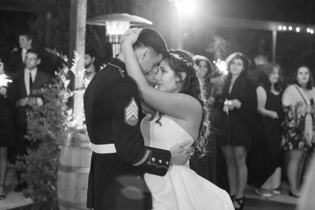 black and white photo of bride and groom first dance Forever and always farm Temecula California wedding engagement family maternity photography Carrie McGuire photographer