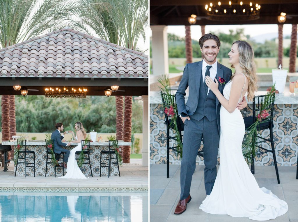pool side bar with bride and groom Old El Polo Wedding Estate in Coachella Temecula california wedding Carrie McGuire photographer