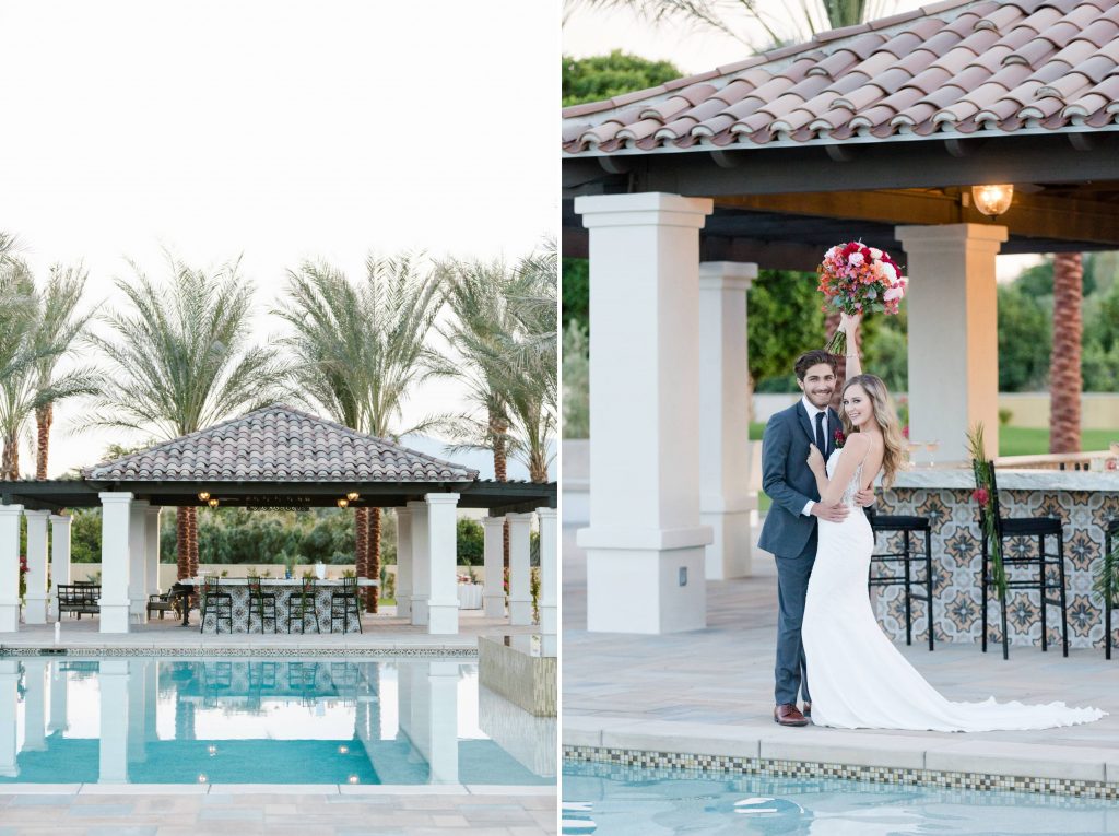 bride and groom at a pool side bar Old El Polo Wedding Estate in Coachella Temecula california wedding Carrie McGuire photographer