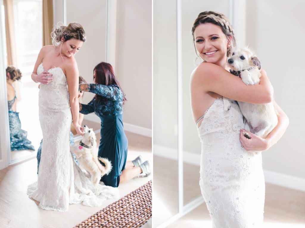 bride getting ready and her adorable dog Temecula Coachhouse California wedding engagement photography Carrie McGuire photographer California