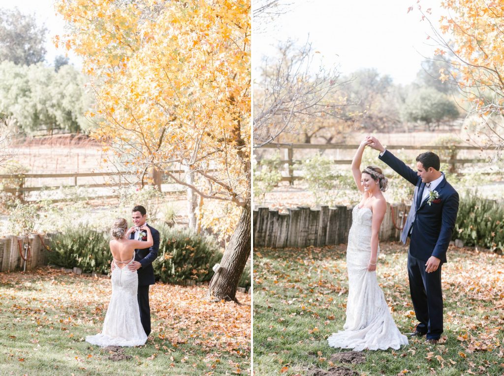 bride and groom in beautiful fall foliage first look Temecula Coachhouse California wedding engagement photography Carrie McGuire photographer California