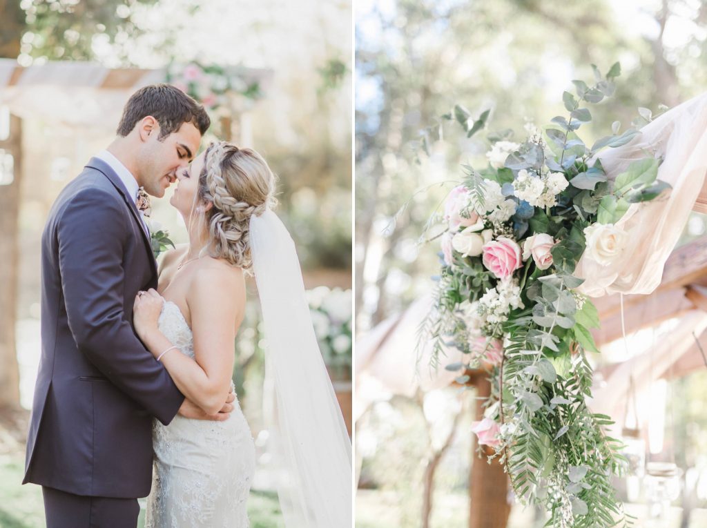 bride and groom kissing and floral arch Temecula Coachhouse California wedding engagement photography Carrie McGuire photographer California