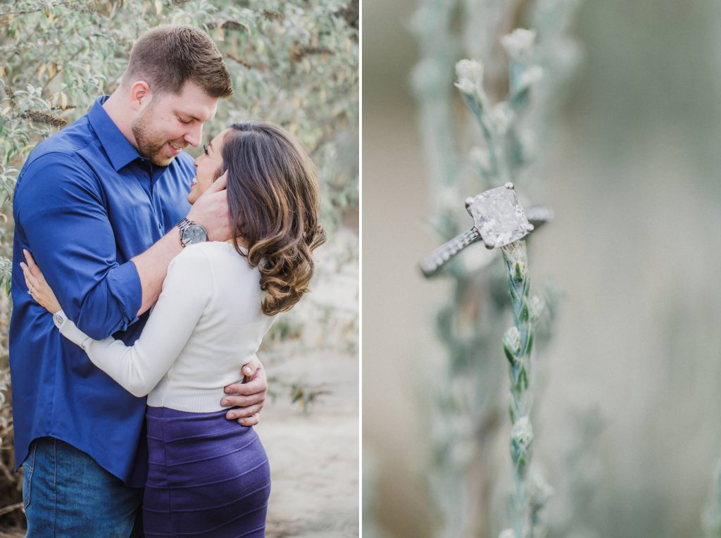 happy engaged couple looking at each other and wedding ring on plant Temecula wedding and engagement photographer session rose heritage gardens California wedding engagement photography Carrie McGuire California