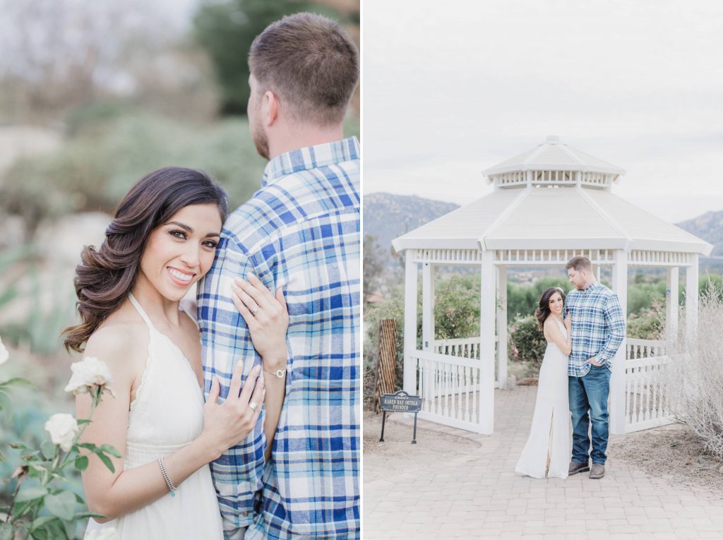 bride and groom in garden in front of white gazebo Temecula wedding and engagement photographer session rose heritage gardens California wedding engagement photography Carrie McGuire California