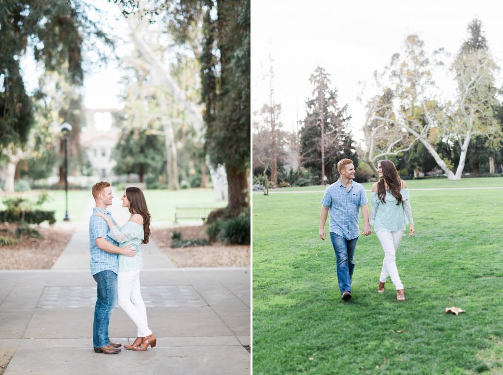 engaged couple walking hand in hand in beautiful spring flowers at clairmont pomona college engagement session Temecula wedding photography engagement photos Carrie McGuire Photographer