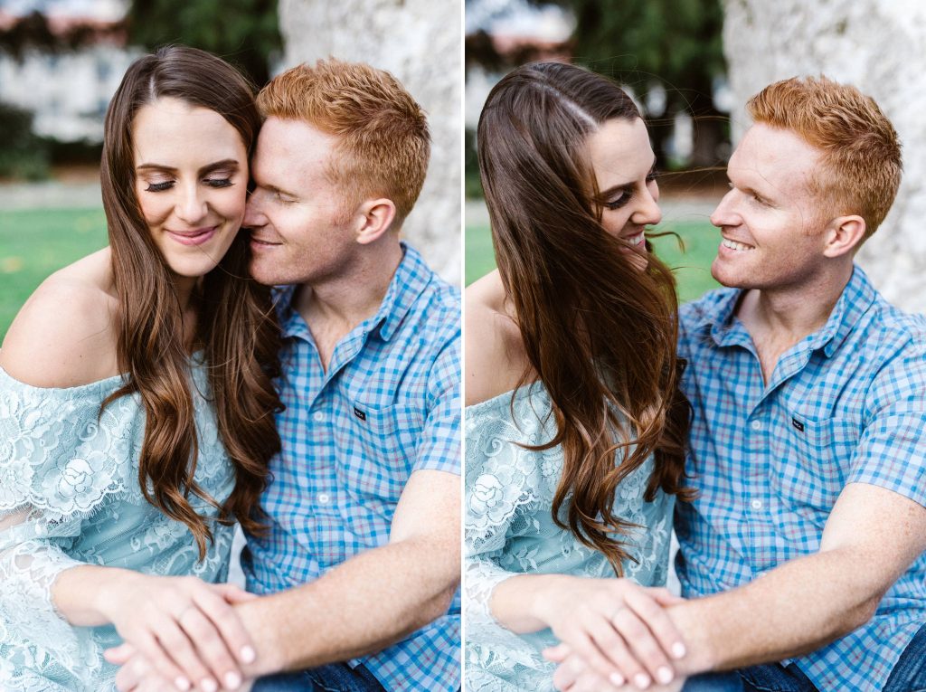 engaged couple kissing romantically at clairmont pomona college engagement session Temecula wedding photography engagement photos Carrie McGuire Photographer