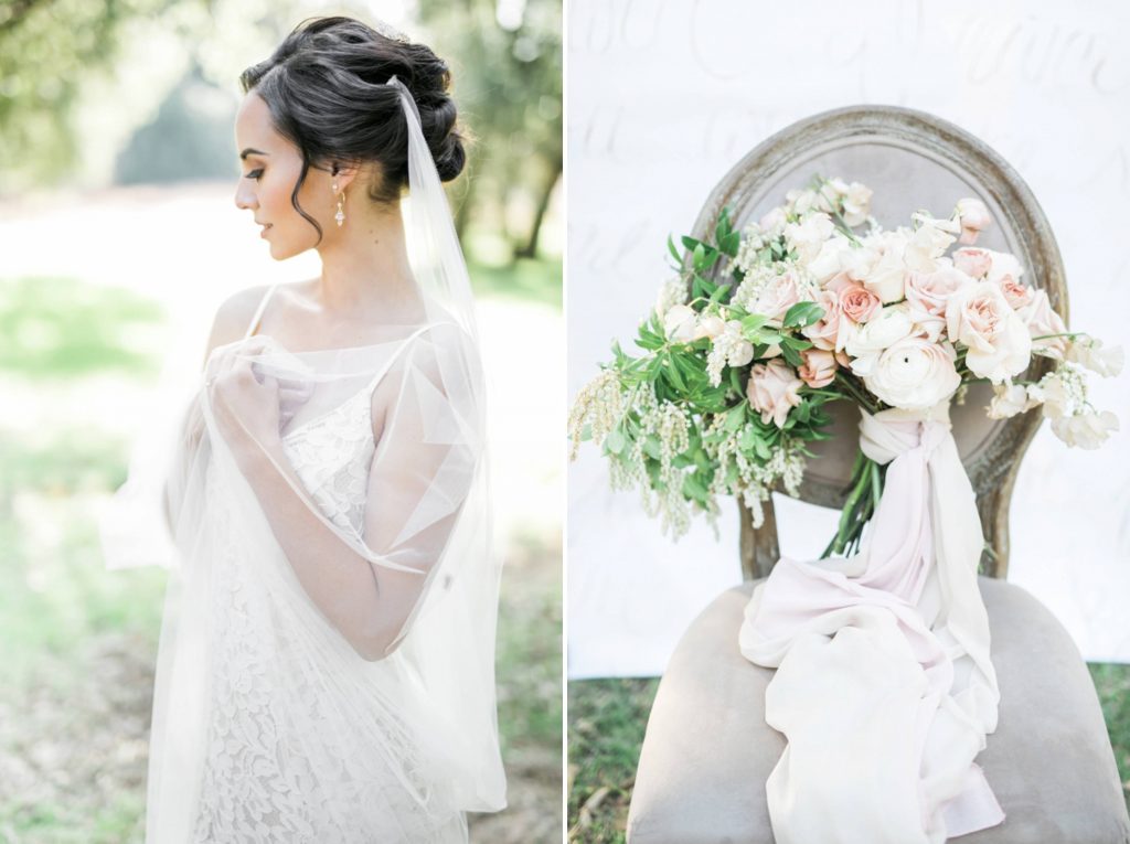 bride with veil and floral bouquet on chair Temecula California wedding venues Orange County wedding engagement photography Carrie McGuire photographer California