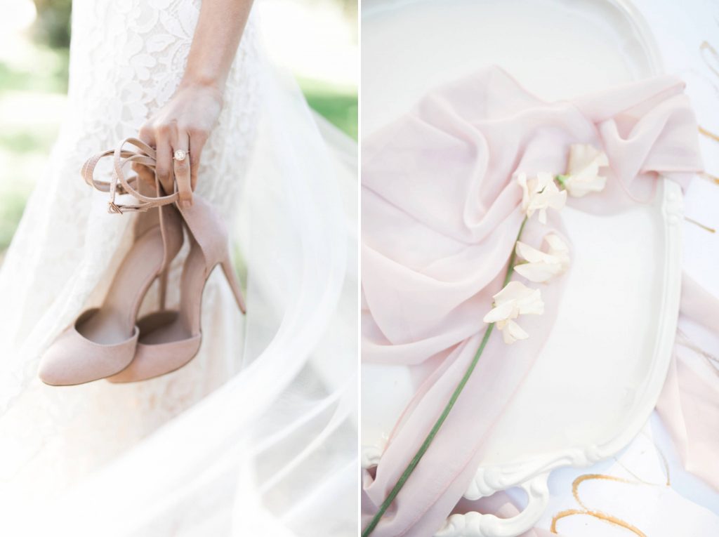 wedding shoes and dress ring flowers on fabric Temecula California wedding venues Orange County wedding engagement photography Carrie McGuire photographer California