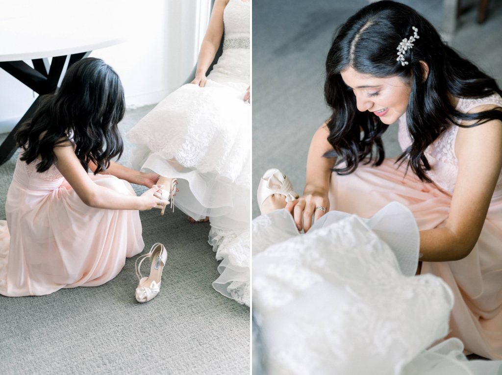 maid of honor helping bride put on shoes and get ready Lakehouse Resort San Marcos Rachel and Steven Temecula California wedding engagement photography Carrie McGuire photographer California