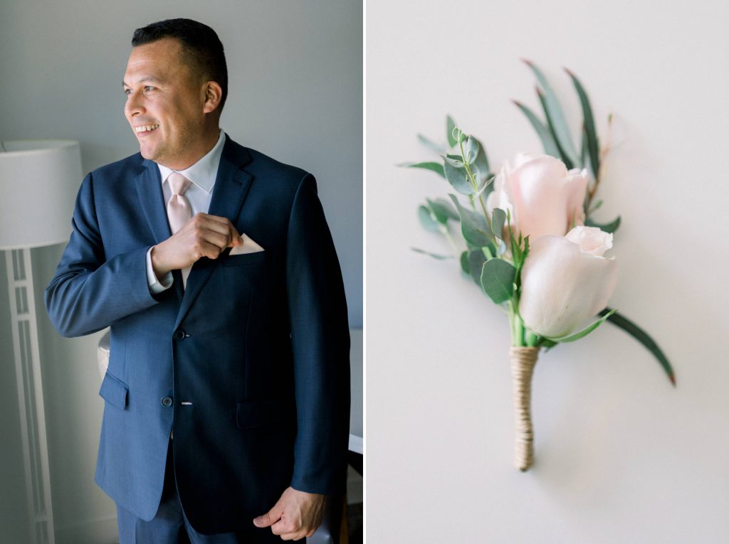 groom getting ready and boutonniere Lakehouse Resort San Marcos Rachel and Steven Temecula California wedding engagement photography Carrie McGuire photographer California