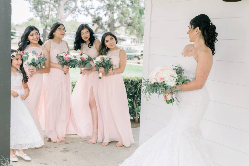 bride and brides maids with gorgeous bouquets Lakehouse Resort San Marcos Rachel and Steven Temecula California wedding engagement photography Carrie McGuire photographer California